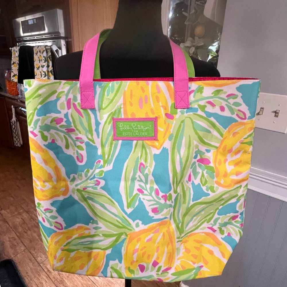 Lilly Pulitzer Pink and Yellow Tropical Tote EUC